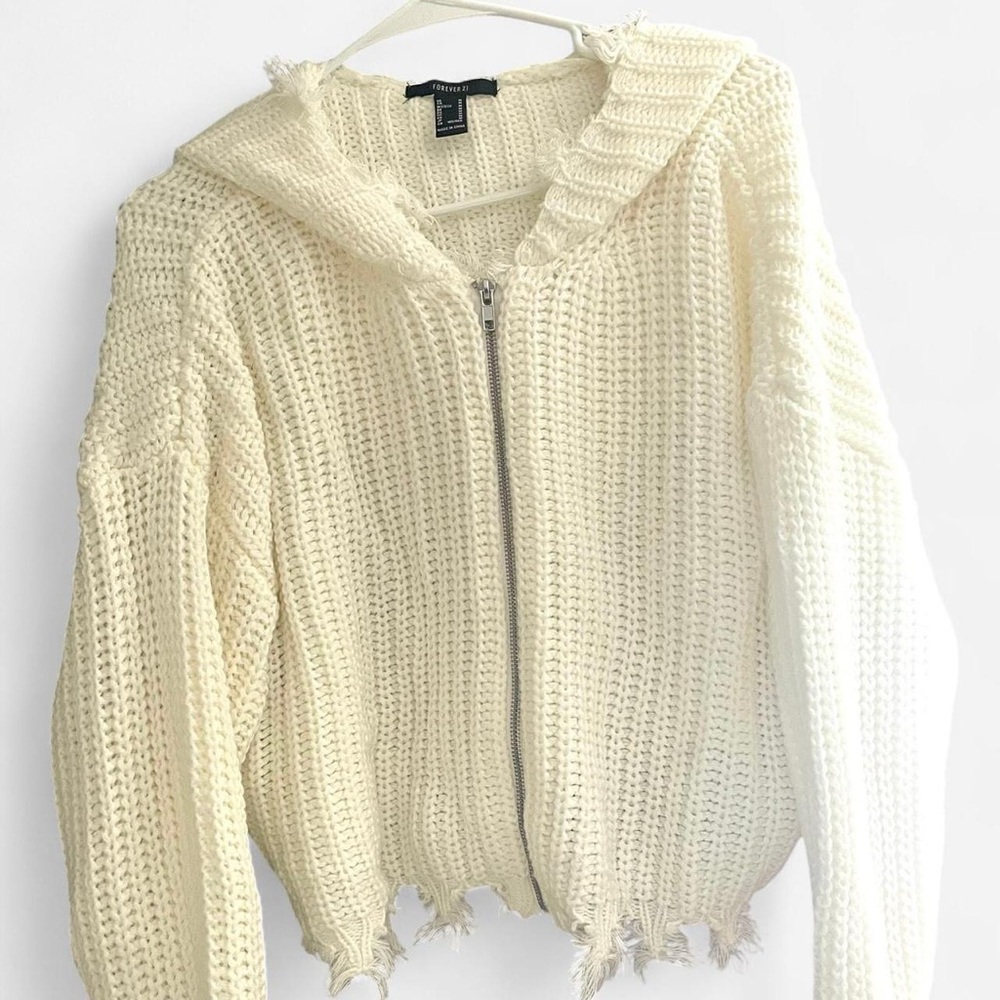 Forever 21 Cream Cable Knit Hooded Cardigan